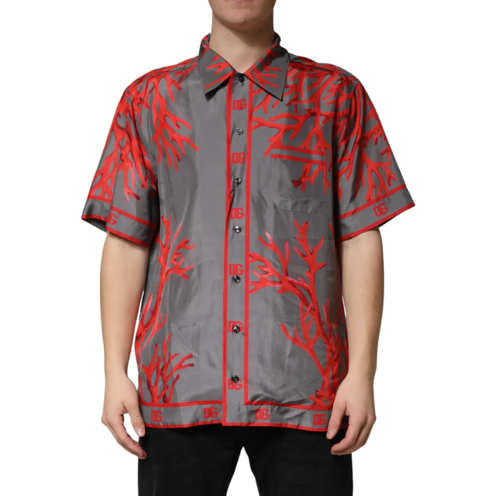 Dolce & Gabbana Gray Red Corals Short Sleeves Casual Shirt