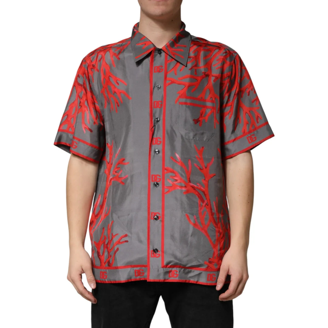 Dolce &amp; Gabbana Gray Red Corals Short Sleeves Casual Shirt