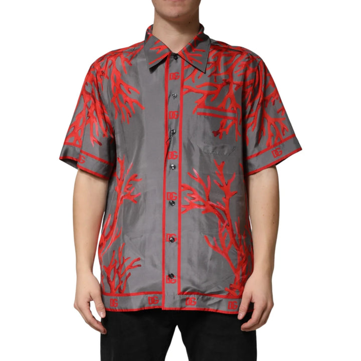Dolce &amp; Gabbana Gray Red Corals Short Sleeves Casual Shirt