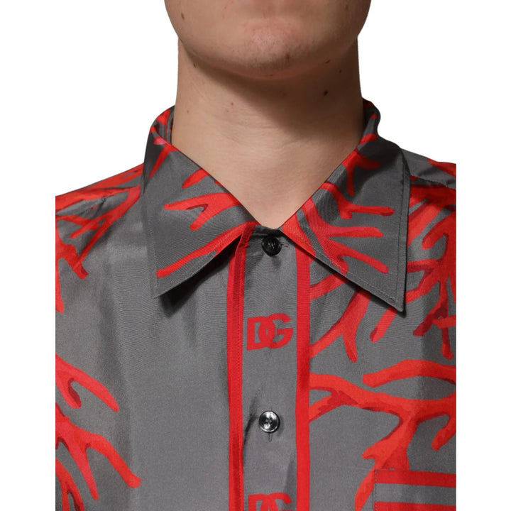 Dolce &amp; Gabbana Gray Red Corals Short Sleeves Casual Shirt