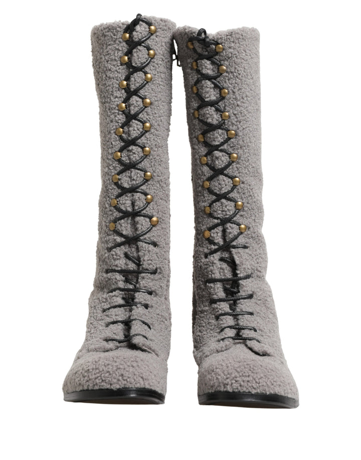 Dolce &amp; Gabbana Gray Shearling Lace Up Knee High Boots Shoes