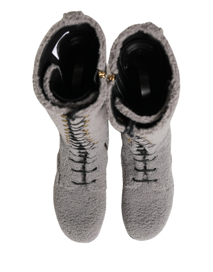 Dolce &amp; Gabbana Gray Shearling Lace Up Knee High Boots Shoes