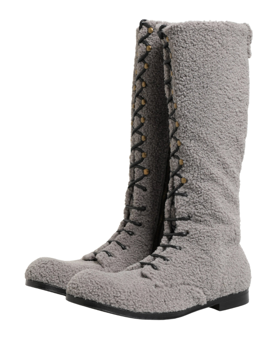 Dolce &amp; Gabbana Gray Shearling Lace Up Knee High Boots Shoes