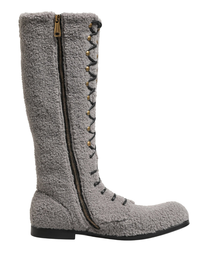 Dolce &amp; Gabbana Gray Shearling Lace Up Knee High Boots Shoes