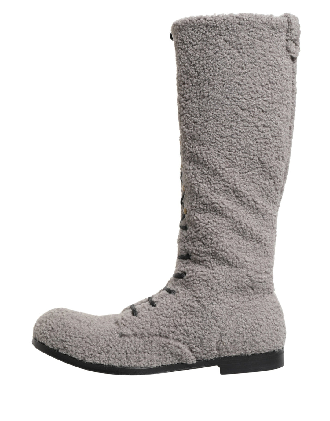 Dolce &amp; Gabbana Gray Shearling Lace Up Knee High Boots Shoes