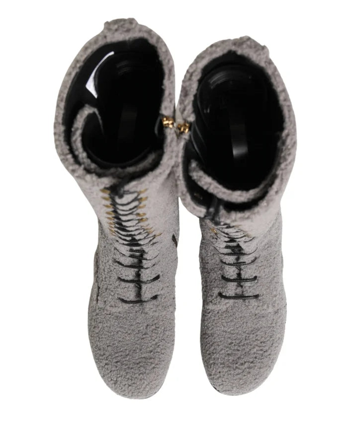 Dolce &amp; Gabbana Gray Shearling Lace Up Knee High Boots Shoes