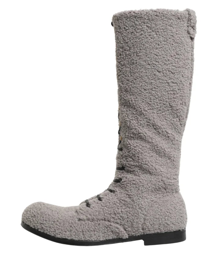Dolce &amp; Gabbana Gray Shearling Lace Up Knee High Boots Shoes
