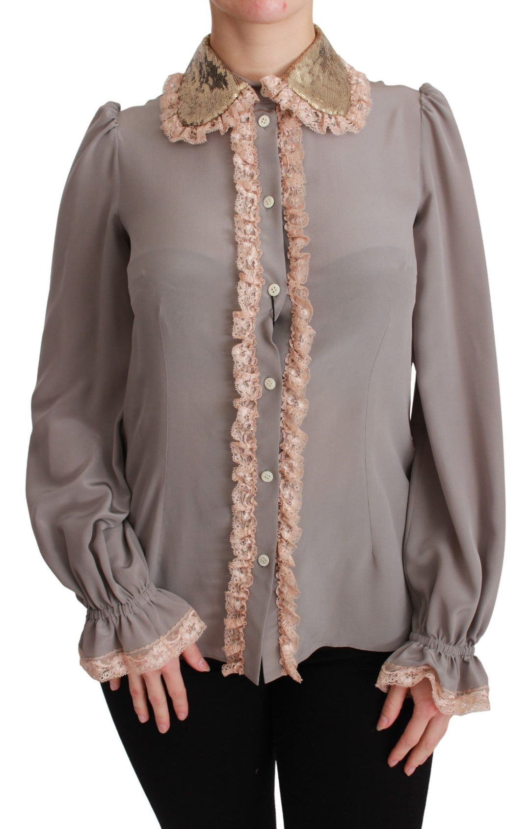 Dolce &amp; Gabbana Blouses - Women’s Gray Silk Gold Sequin Lace Blouse Shirt
