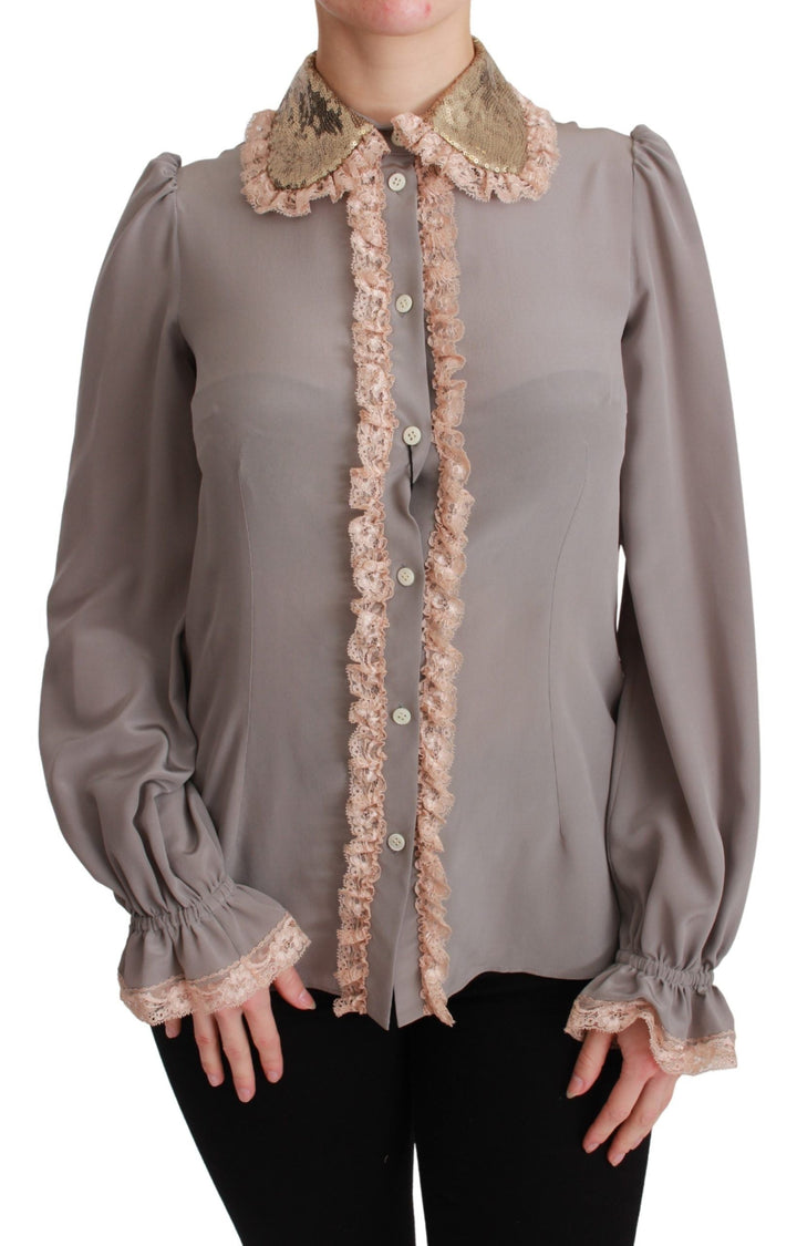 Dolce &amp; Gabbana Blouses - Women’s Gray Silk Gold Sequin Lace Blouse Shirt