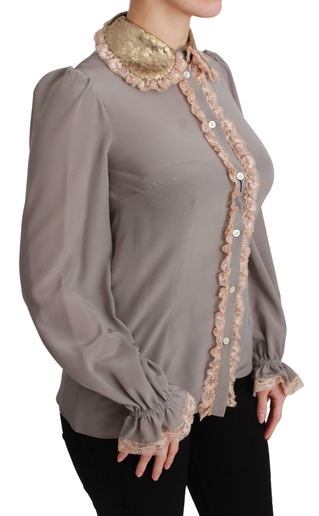 Dolce &amp; Gabbana Blouses - Women’s Gray Silk Gold Sequin Lace Blouse Shirt