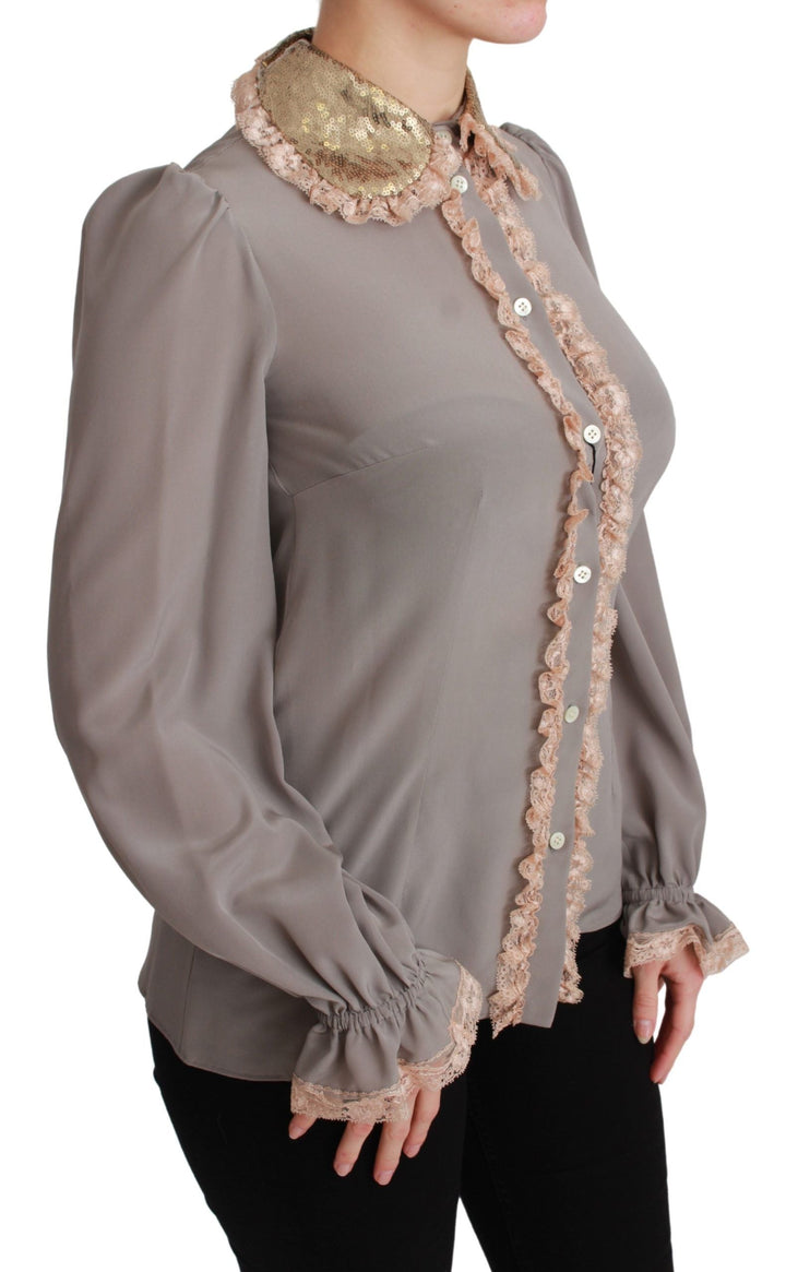 Dolce &amp; Gabbana Blouses - Women’s Gray Silk Gold Sequin Lace Blouse Shirt