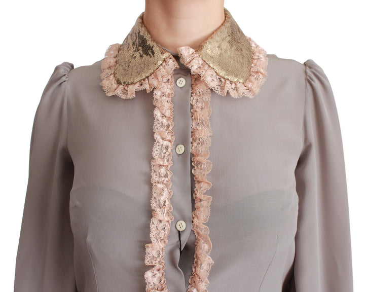 Dolce &amp; Gabbana Blouses - Women’s Gray Silk Gold Sequin Lace Blouse Shirt
