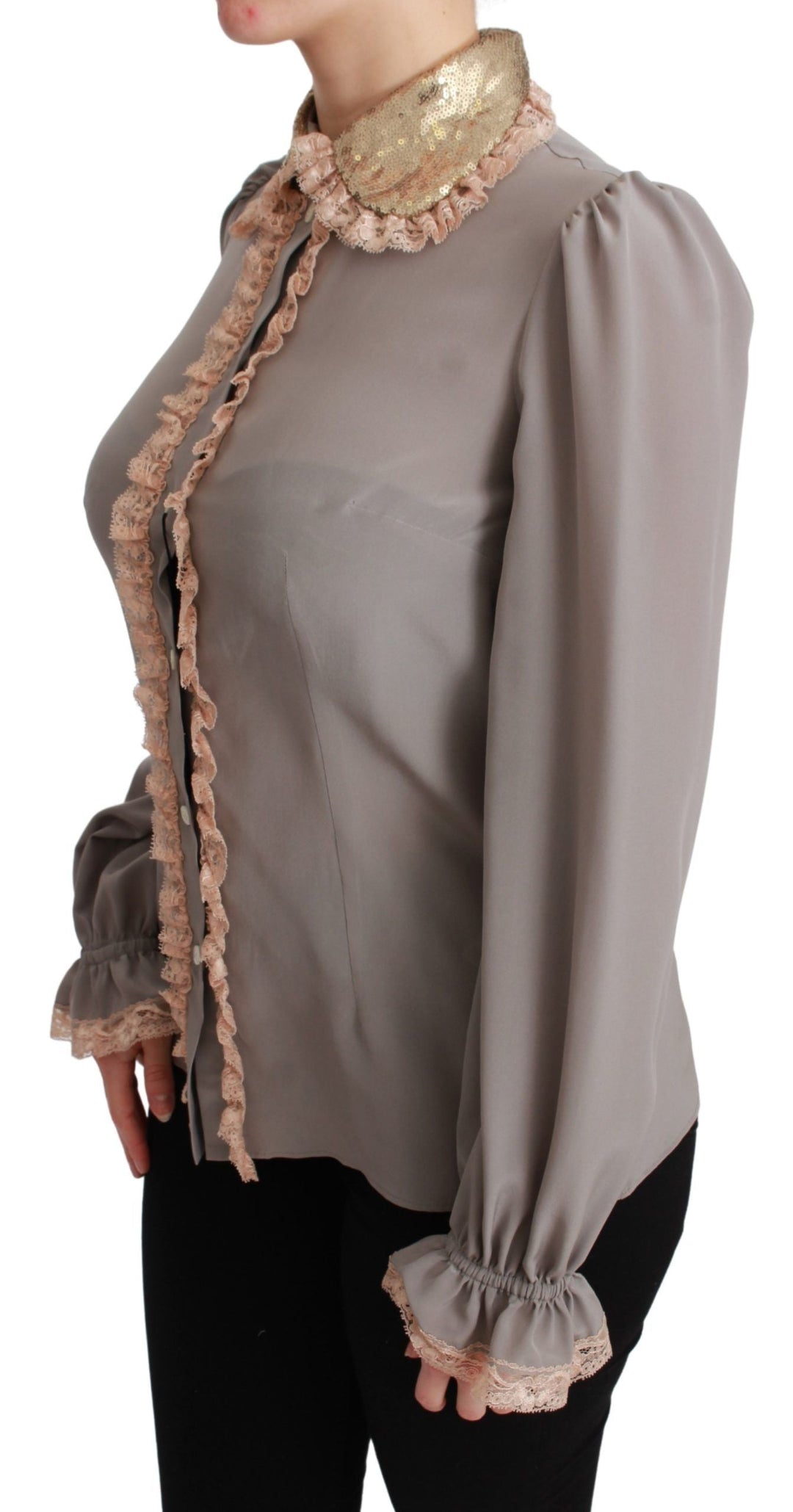 Dolce &amp; Gabbana Blouses - Women’s Gray Silk Gold Sequin Lace Blouse Shirt