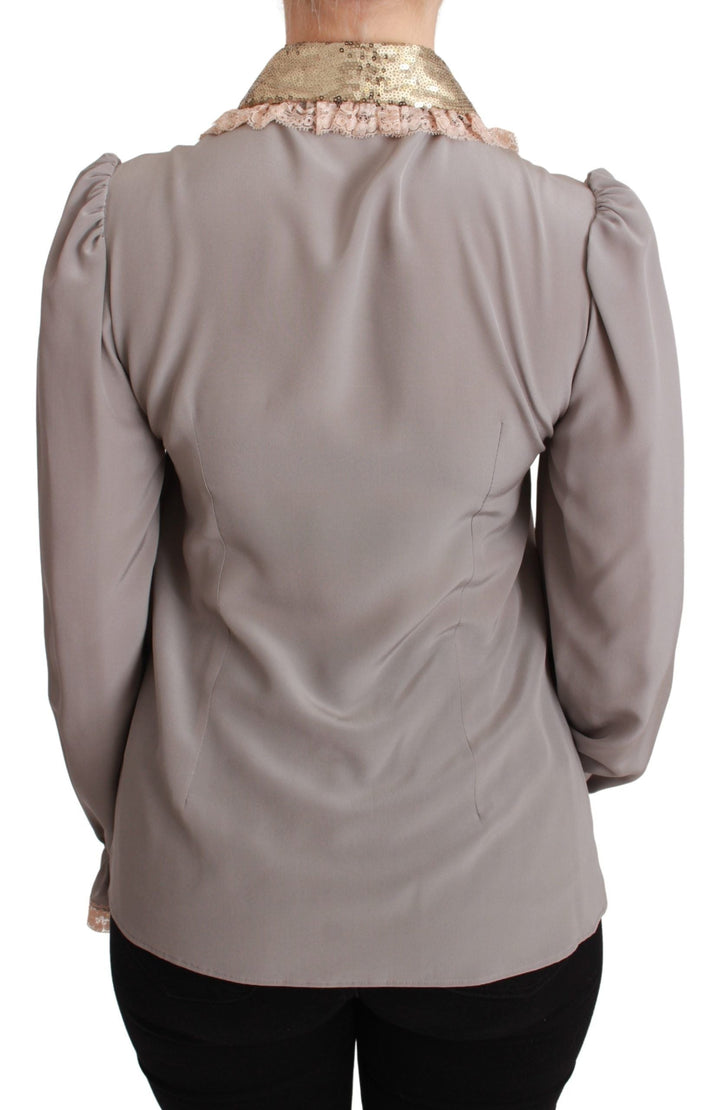 Dolce &amp; Gabbana Blouses - Women’s Gray Silk Gold Sequin Lace Blouse Shirt