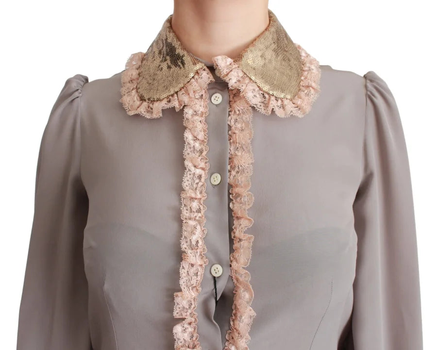 Dolce &amp; Gabbana Gray Silk Gold Sequin Lace Blouse Shirt