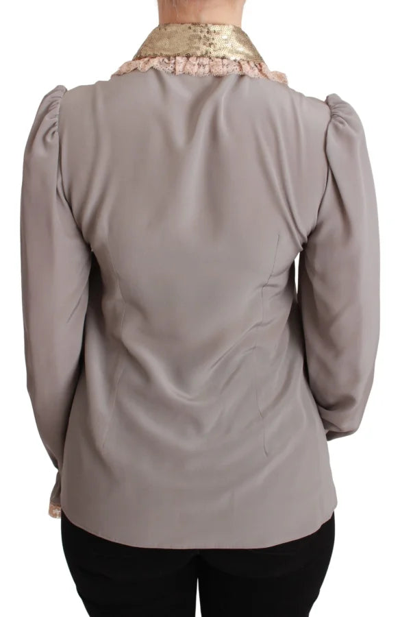 Dolce &amp; Gabbana Gray Silk Gold Sequin Lace Blouse Shirt