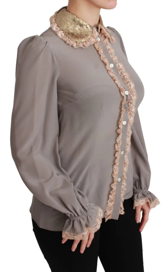Dolce &amp; Gabbana Gray Silk Gold Sequin Lace Blouse Shirt