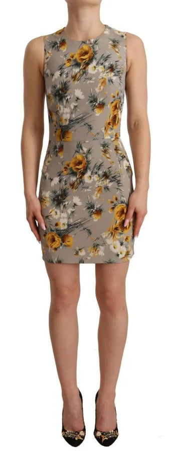 Dolce &amp; Gabbana Gray Silk Stretch Floral Sheath Mini Dress