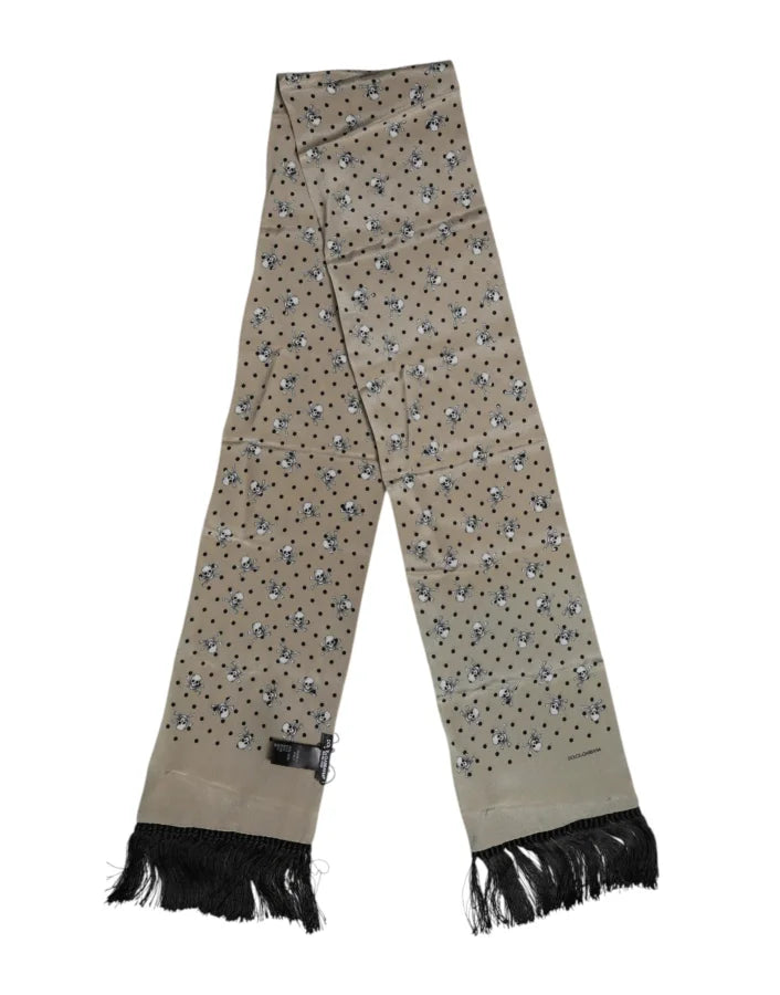 Dolce &amp; Gabbana Gray Skulls Silk Fringes Men Foulard Scarf