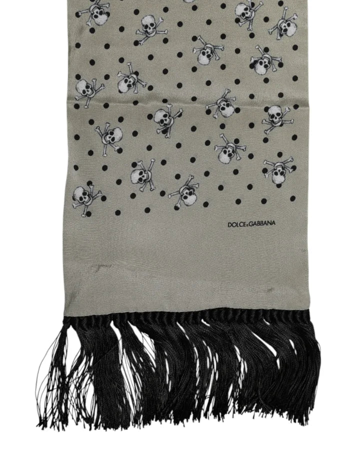 Dolce &amp; Gabbana Gray Skulls Silk Fringes Men Foulard Scarf