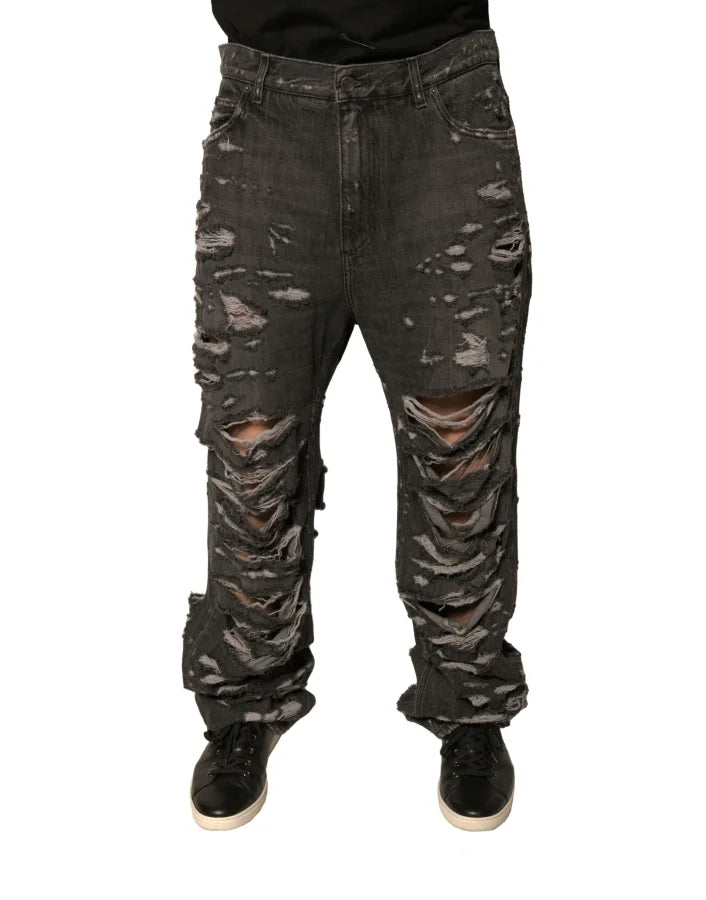 Dolce &amp; Gabbana Gray Tattered Cotton Straight Men Denim Jeans
