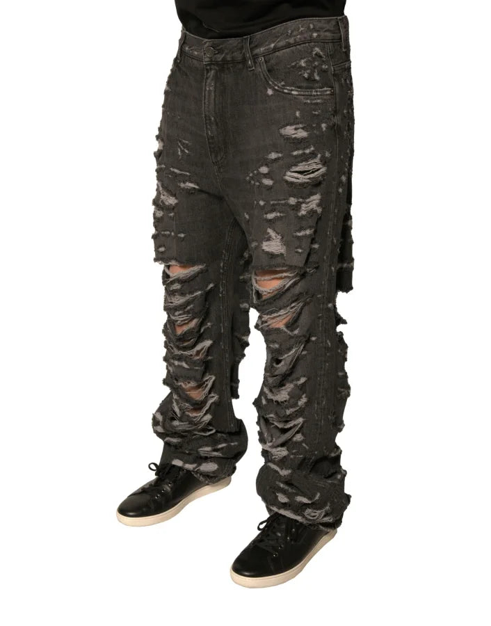 Dolce &amp; Gabbana Gray Tattered Cotton Straight Men Denim Jeans