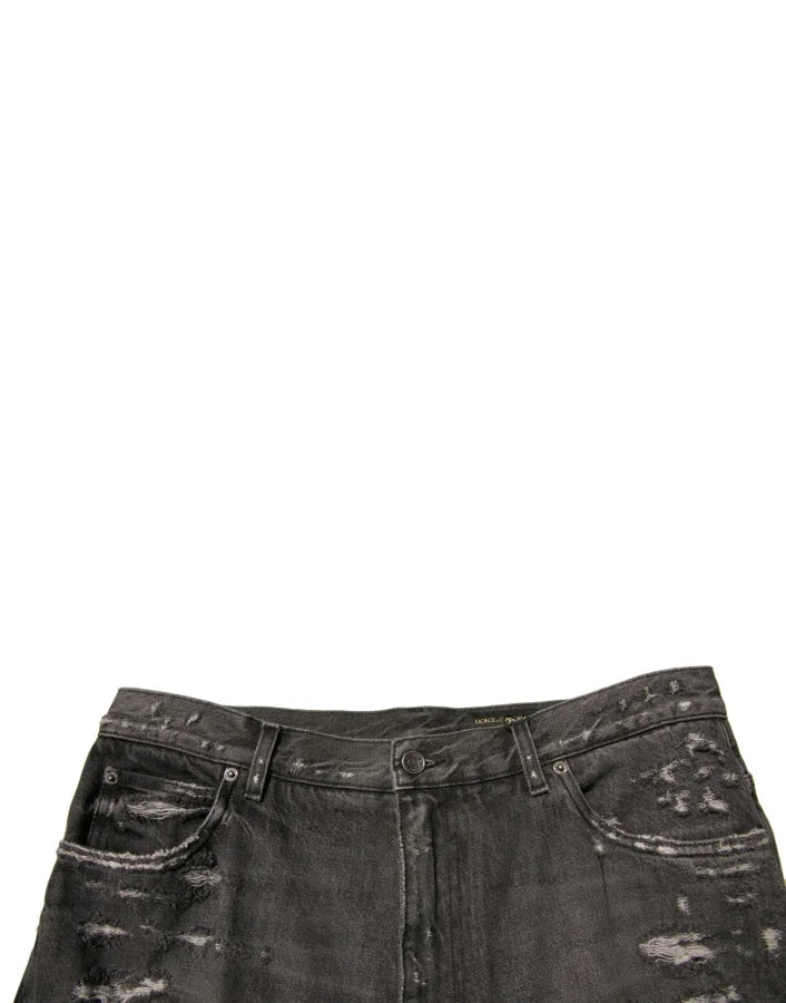 Dolce &amp; Gabbana Gray Tattered Cotton Straight Men Denim Jeans
