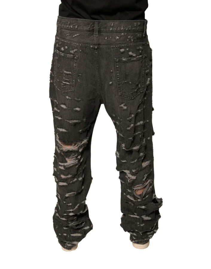 Dolce &amp; Gabbana Gray Tattered Cotton Straight Men Denim Jeans