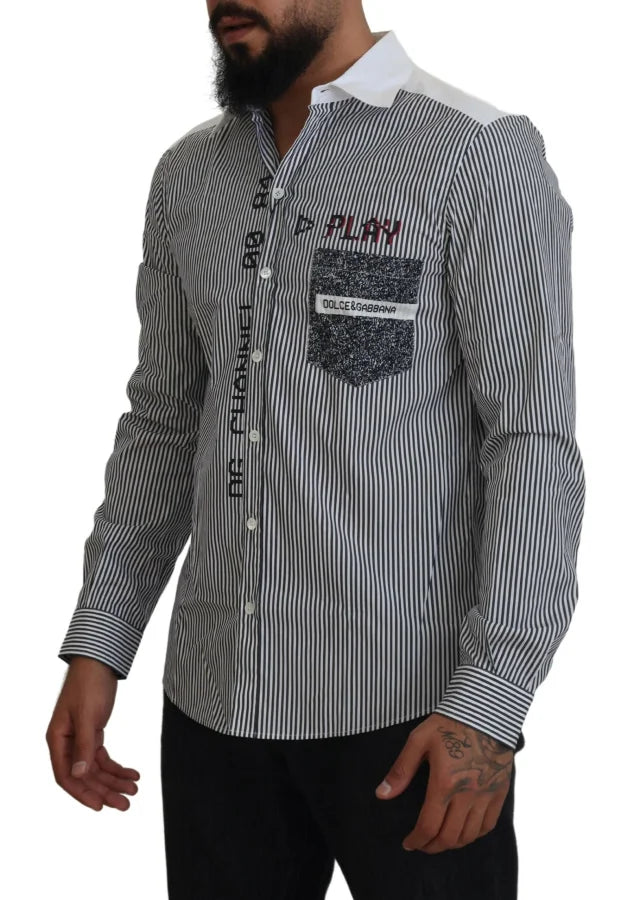 Dolce &amp; Gabbana Gray White Striped Slim Fit Shirt