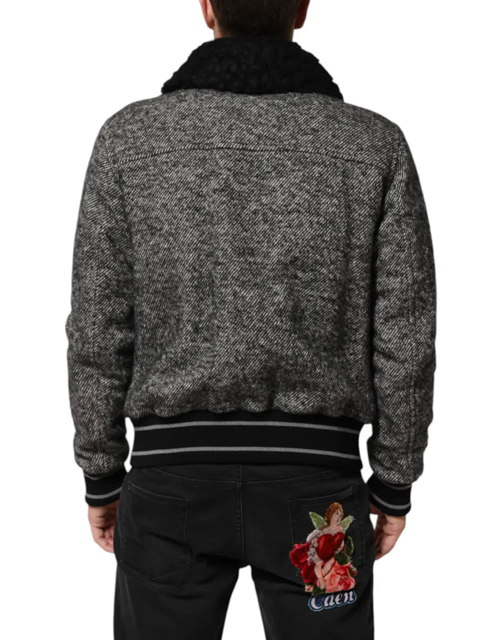 Dolce &amp; Gabbana Gray Wool Herringbone Shearling Collar Bomber Jacket