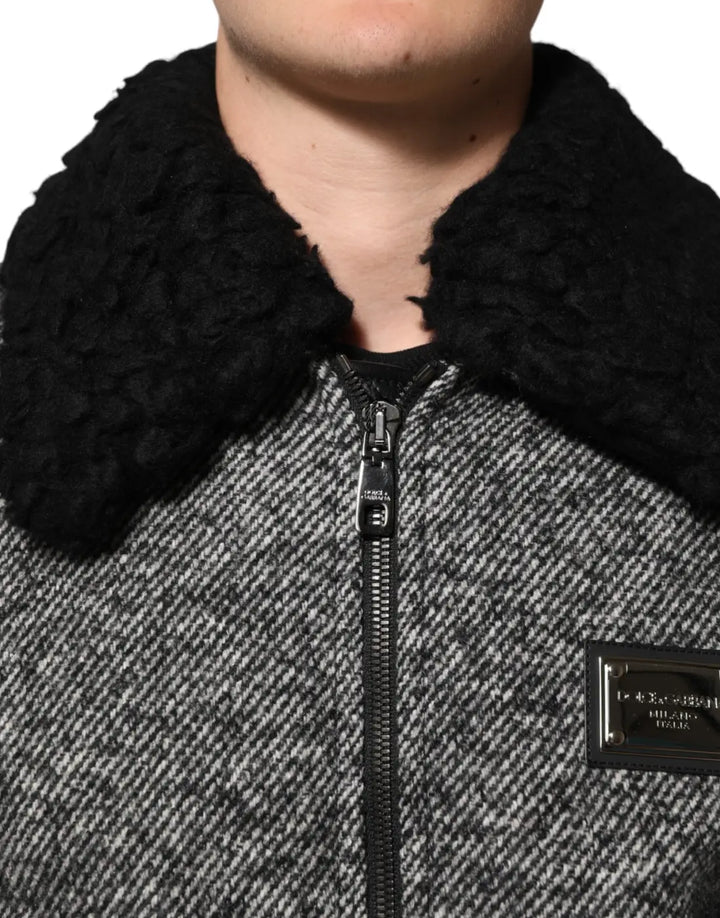 Dolce &amp; Gabbana Gray Wool Herringbone Shearling Collar Bomber Jacket