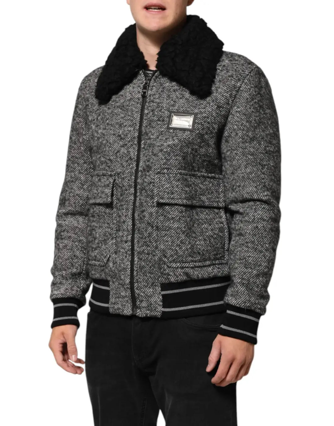 Dolce &amp; Gabbana Gray Wool Herringbone Shearling Collar Bomber Jacket