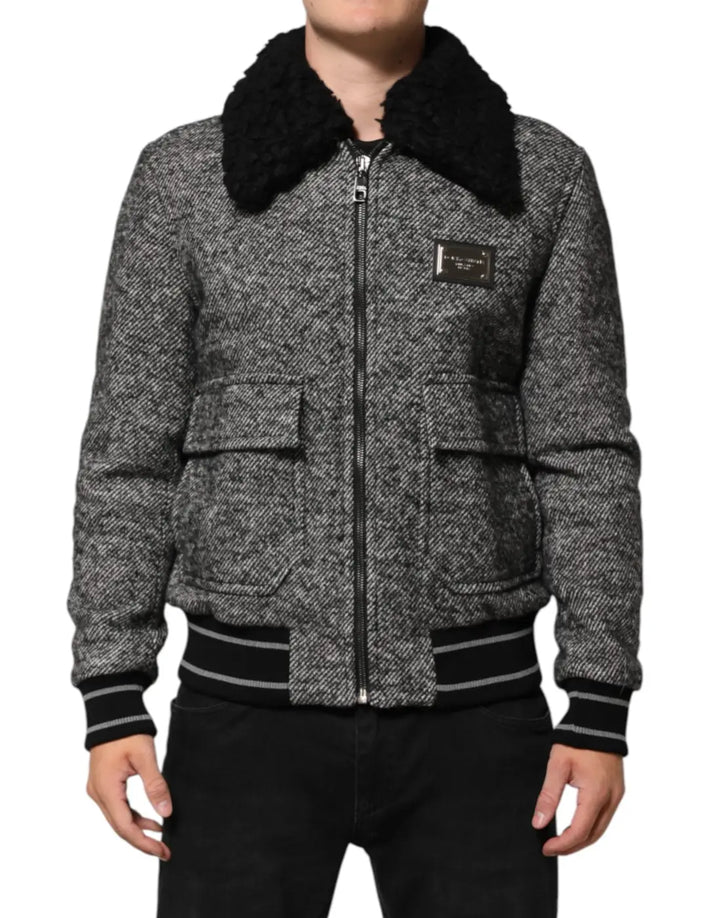 Dolce &amp; Gabbana Gray Wool Herringbone Shearling Collar Bomber Jacket