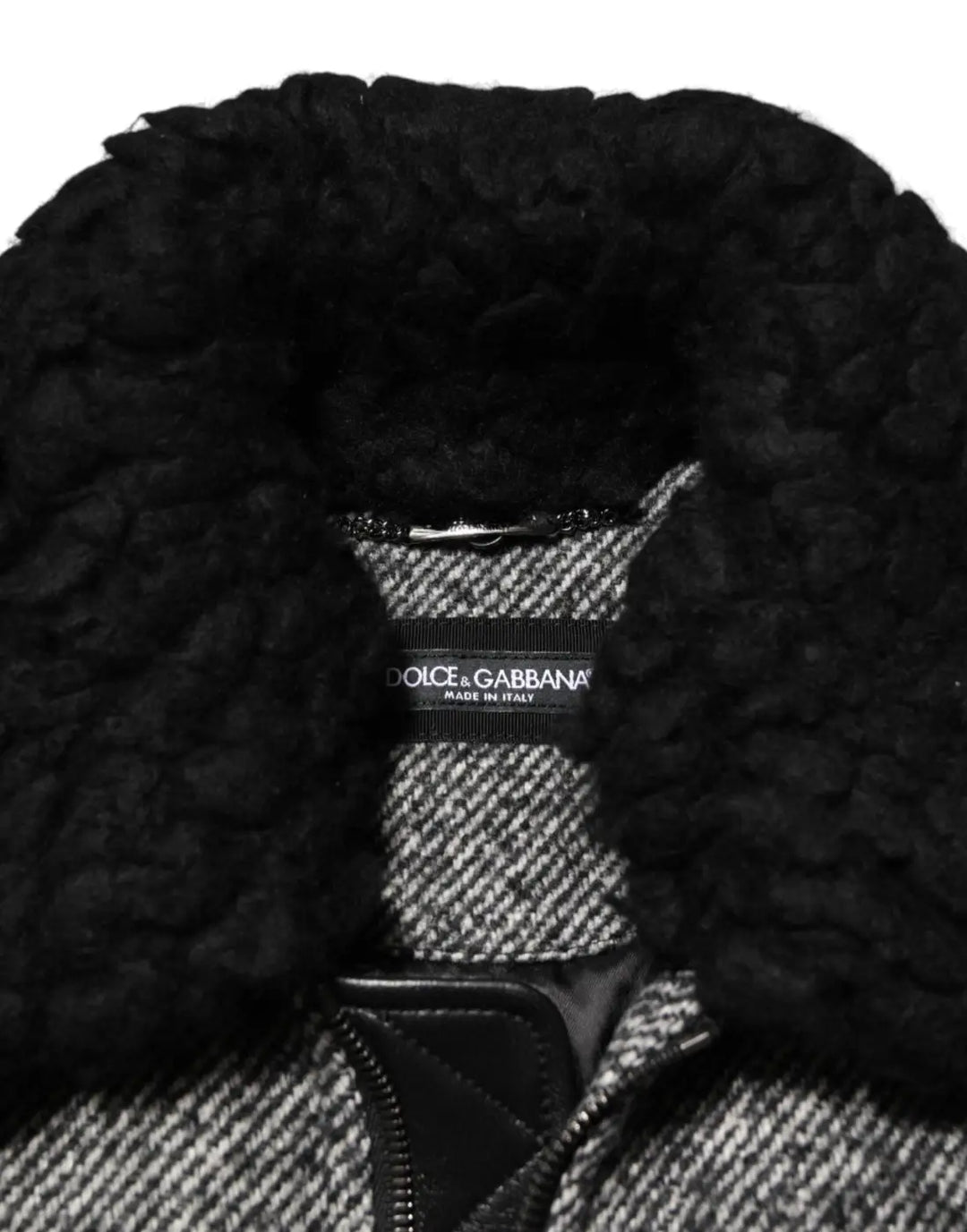 Dolce &amp; Gabbana Gray Wool Herringbone Shearling Collar Bomber Jacket