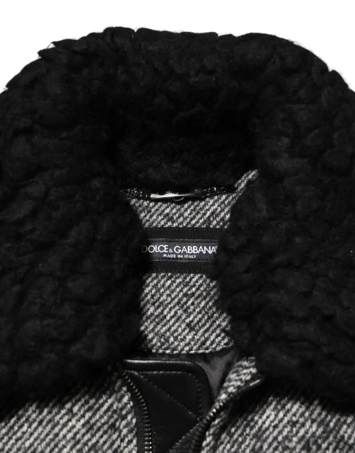 Dolce &amp; Gabbana Gray Wool Herringbone Shearling Collar Bomber Jacket