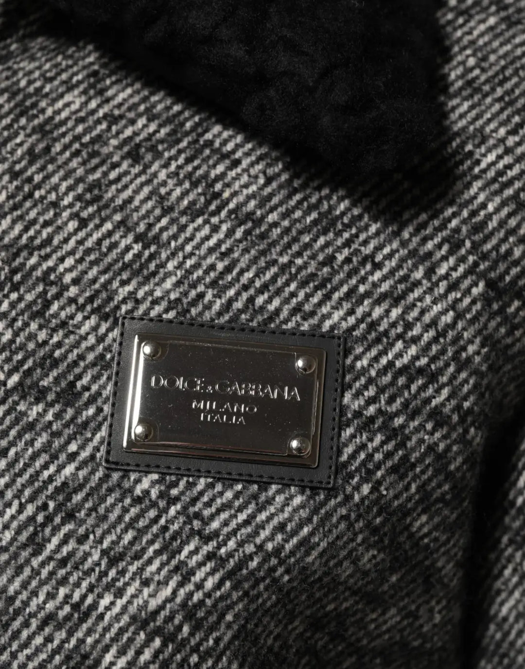 Dolce &amp; Gabbana Gray Wool Herringbone Shearling Collar Bomber Jacket
