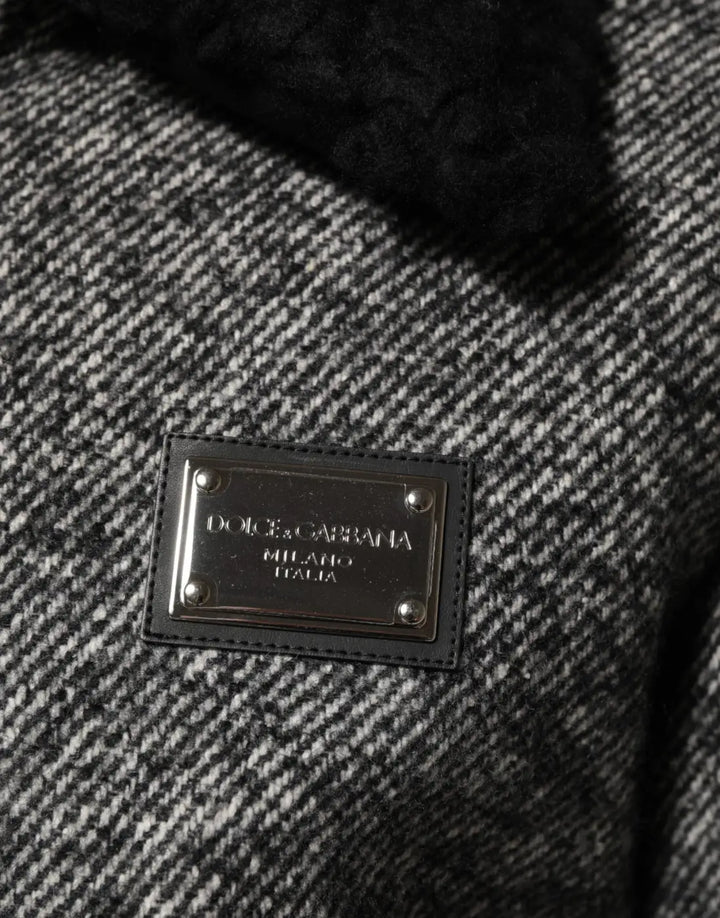 Dolce &amp; Gabbana Gray Wool Herringbone Shearling Collar Bomber Jacket