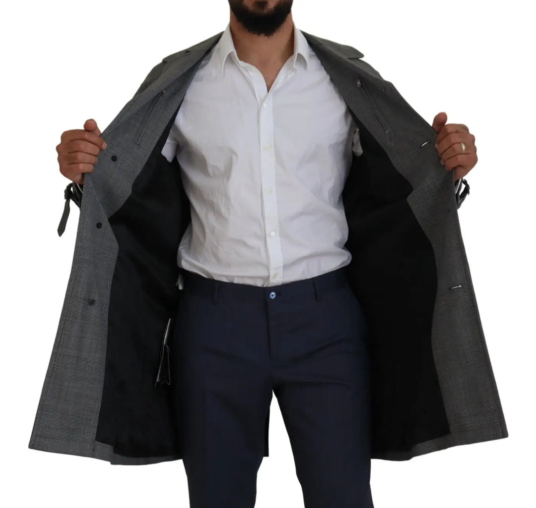 Dolce &amp; Gabbana Gray Wool Plaid Long Trench Coat Jacket