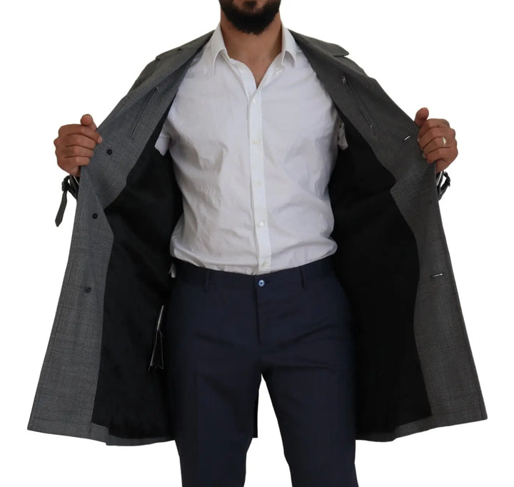 Dolce &amp; Gabbana Gray Wool Plaid Long Trench Coat Jacket