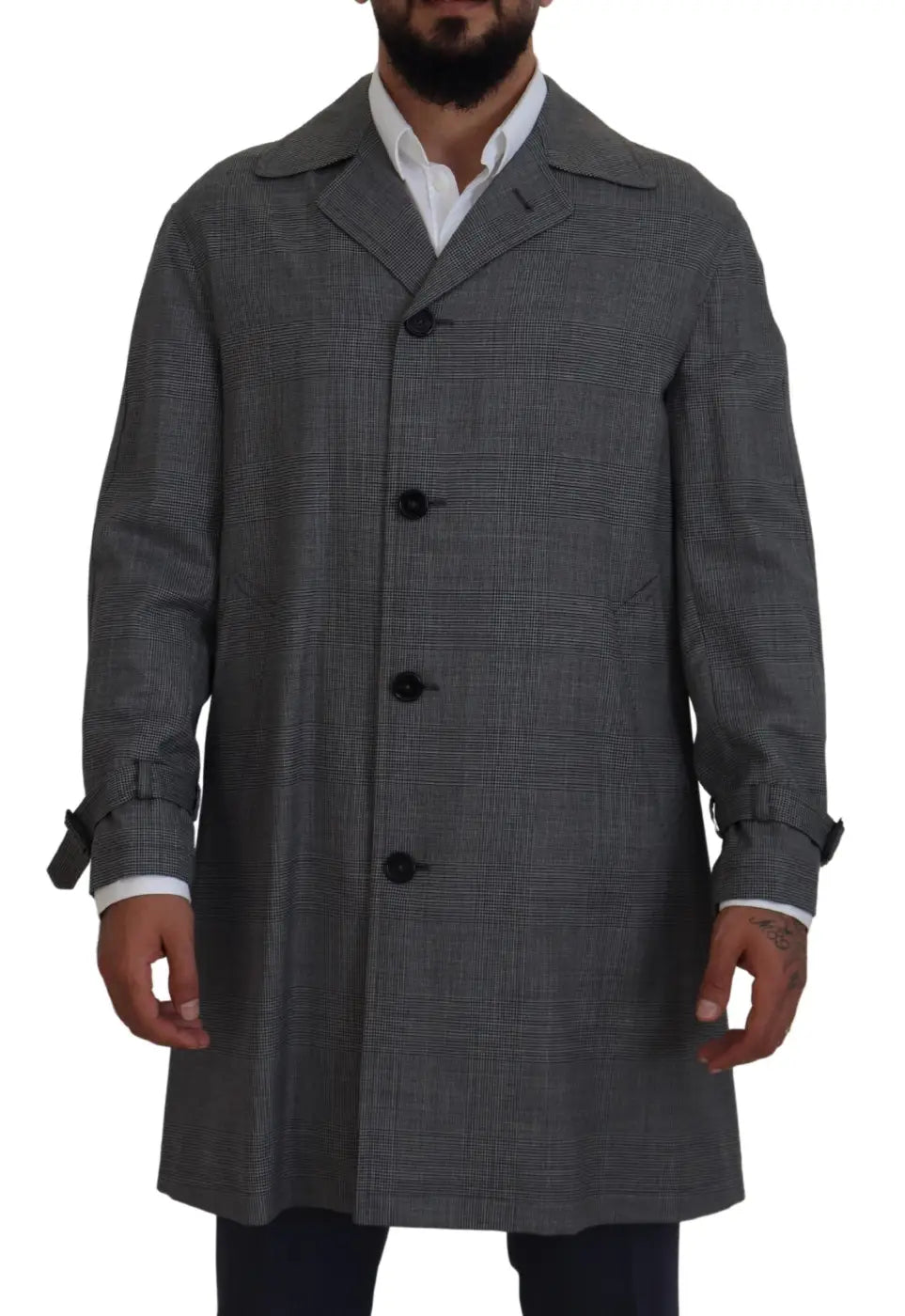 Dolce & Gabbana Gray Wool Plaid Long Trench Coat Jacket