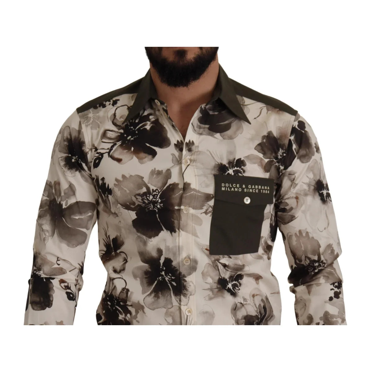 Dolce & Gabbana Green Beige Floral Cotton Stretch Exclusive Shirt