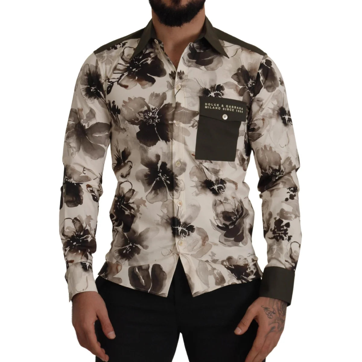 Dolce & Gabbana Green Beige Floral Cotton Stretch Exclusive Shirt