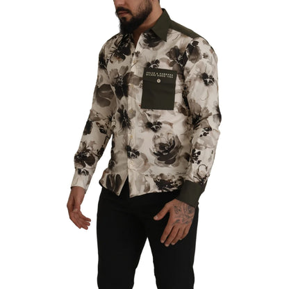 Dolce & Gabbana Green Beige Floral Cotton Stretch Exclusive Shirt