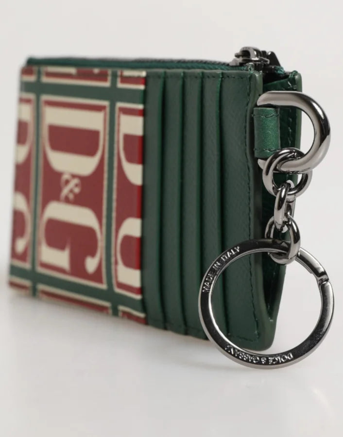 Dolce &amp; Gabbana Green Calf Leather Logo Print Monogram Card Holder Wallet