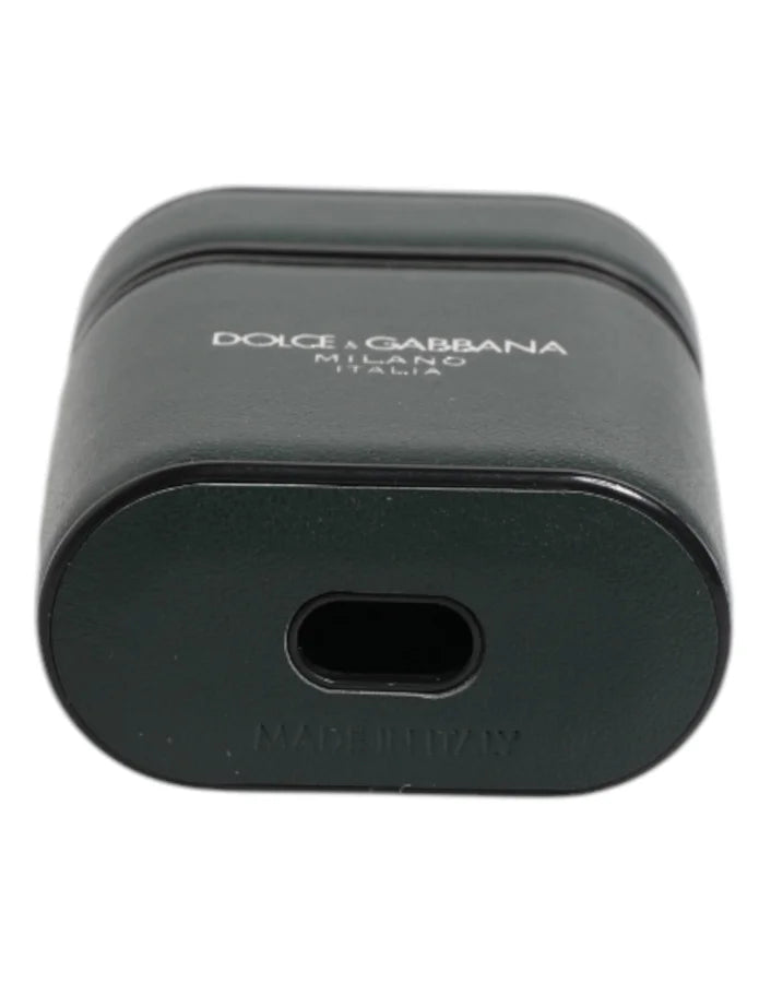 Dolce &amp; Gabbana Green Calfskin Leather Logo Print Flip Holder Airpods Case