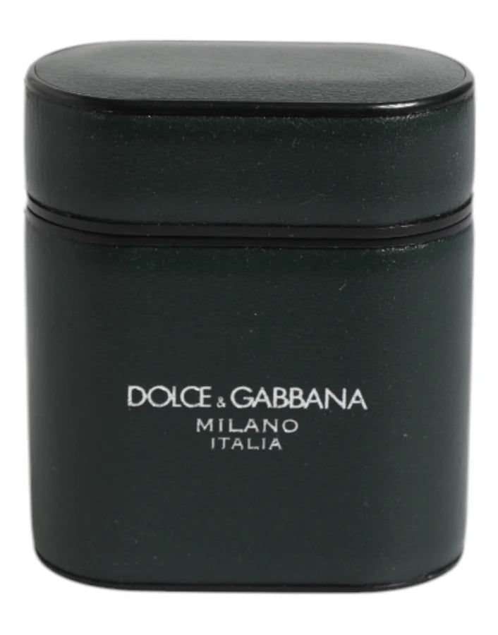 Dolce &amp; Gabbana Green Calfskin Leather Logo Print Flip Holder Airpods Case