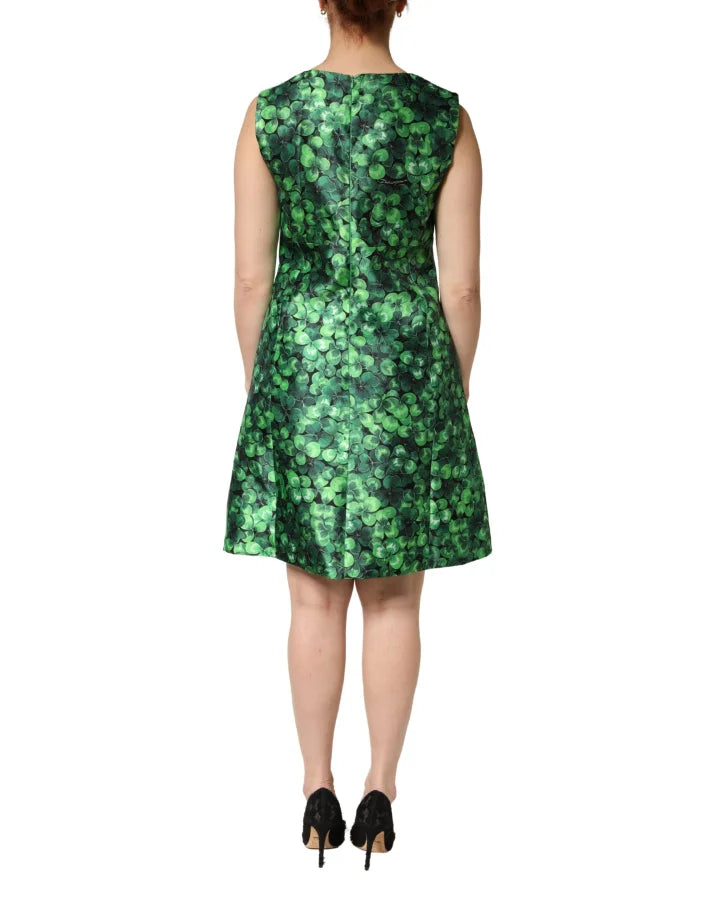 Dolce &amp; Gabbana Green Clover Print Sleeveless A-Line Dress