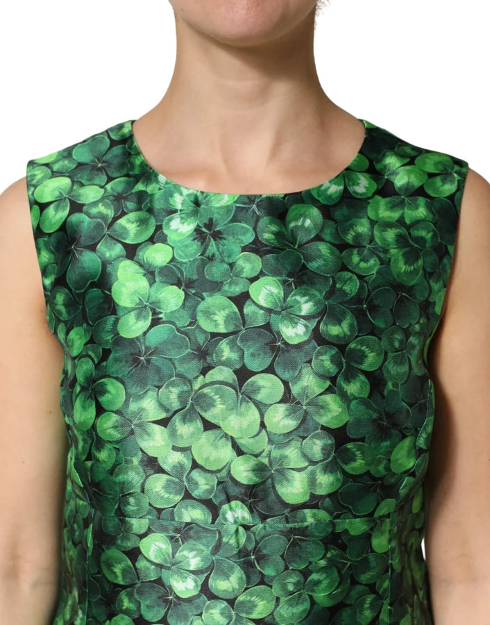 Dolce &amp; Gabbana Green Clover Print Sleeveless A-Line Dress
