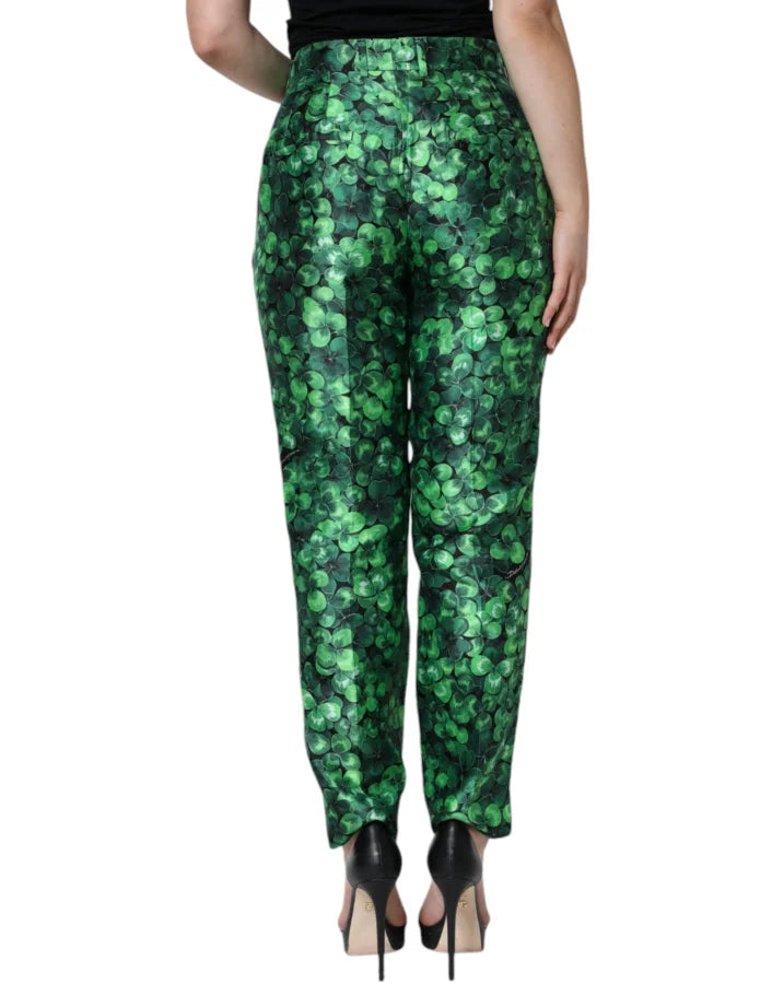 Dolce &amp; Gabbana Green Clover Silk Satin High Waist Tapered Pants