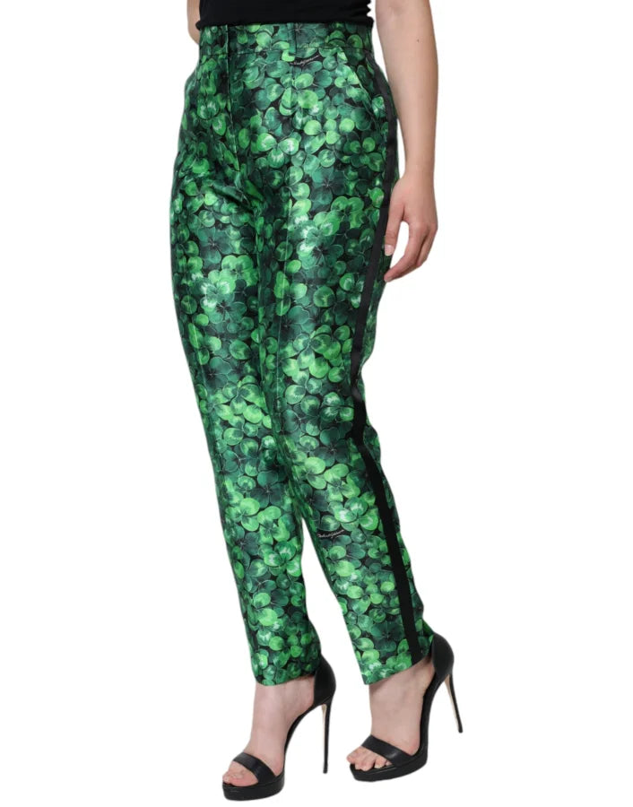 Dolce &amp; Gabbana Green Clover Silk Satin High Waist Tapered Pants